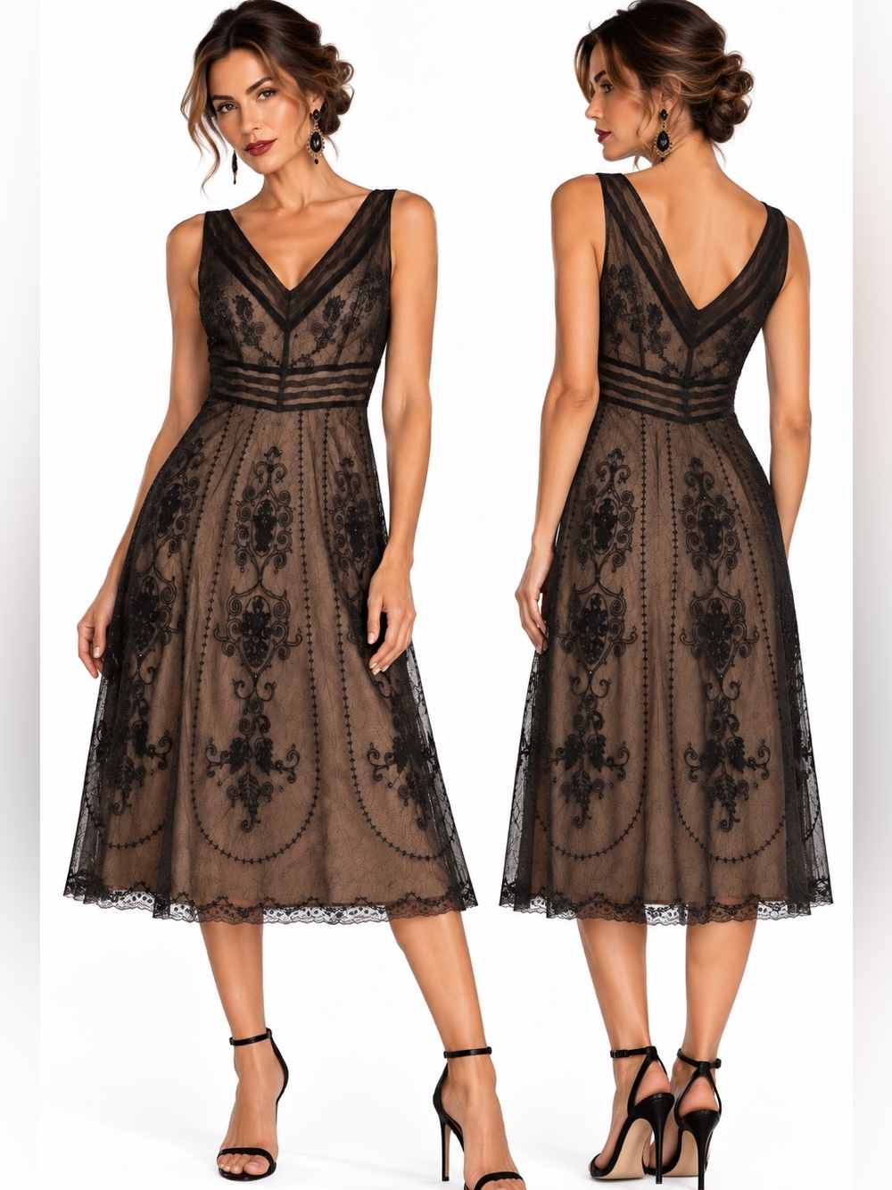 Art Deco 1920s Style Black Embroidered Mesh Midi Dress Nude Lined Beaded